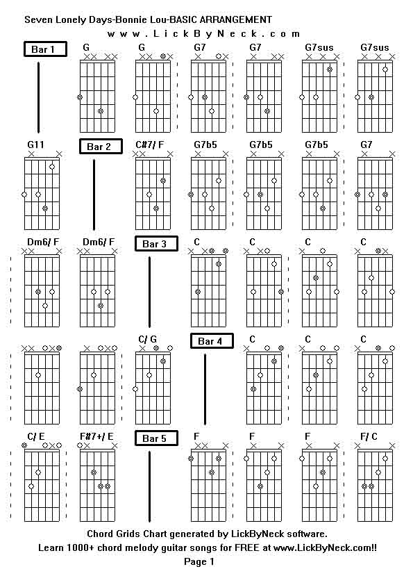 Chord Grids Chart of chord melody fingerstyle guitar song-Seven Lonely Days-Bonnie Lou-BASIC ARRANGEMENT,generated by LickByNeck software.